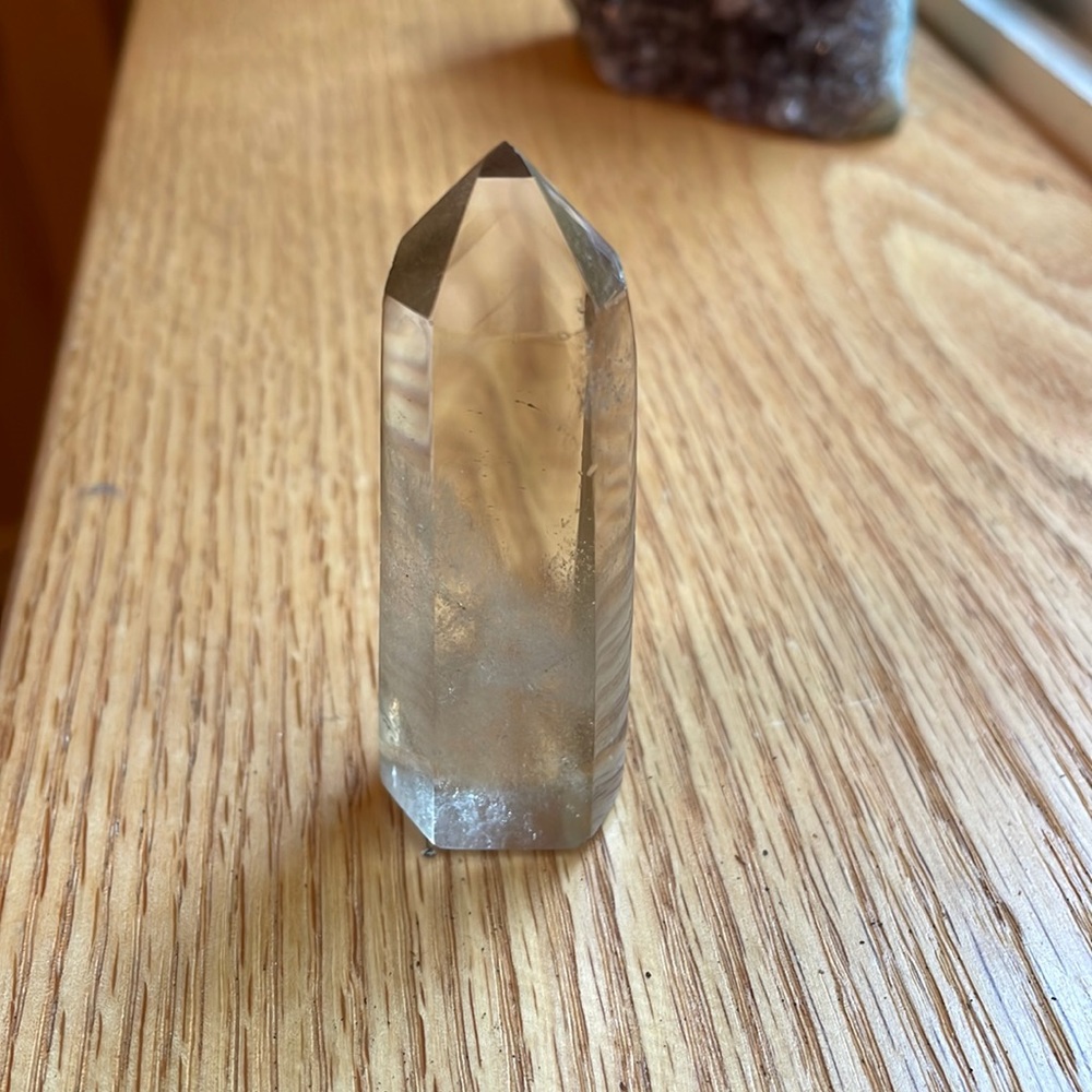 Polished pale smoky Quartz point, crystal tower with phantoms!!
